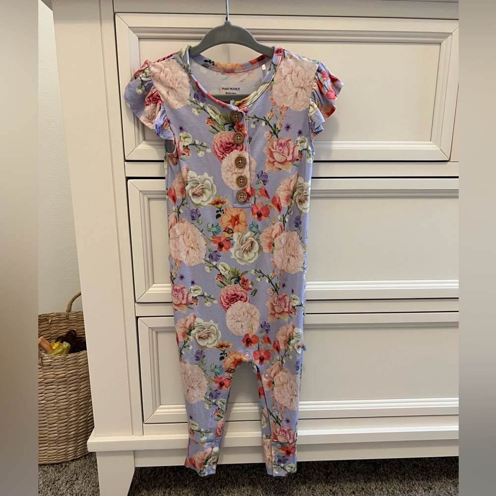 Posh Peanut Bamboo Bellamy Ruffled Cap Sleeve Henley Romper 18-24 Months
